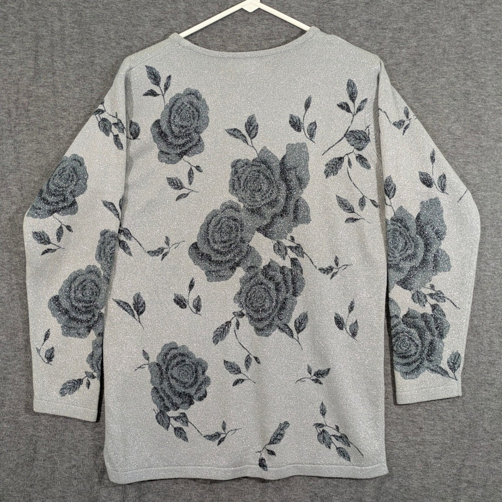 Cathy Daniels Womens Gray Roses with Sparkle 3/4 Sleeve Sweater Size M - Picture 2 of 7